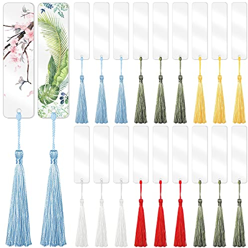 30 Stück Blanko Lesezeichen Set, 12 x 3,2cm Rechteckige Acryl Lesezeichen mit 30 Bunten Quasten Transparente Lesezeichen für DIY Projekte Notizbuch Weihnachtsgeschenke