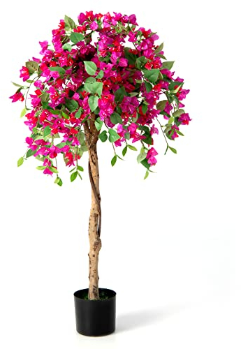 COSTWAY Konstträd med blommor, 135 cm, i kruka, med azaleablommor, realistisk konstgjord växt, för hem och kontor, rumsväxt, dekorationsväxt, rosa