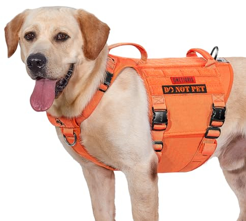 OneTigris Metallschnalle Hundegeschirr, Metall Taktisches Hundegeschirr Grosse Hunde, Verstellbar Brustgeschirr Mittelgroße Hunde 2 Griffe 3 Edelstahl D-Ring Orange XL