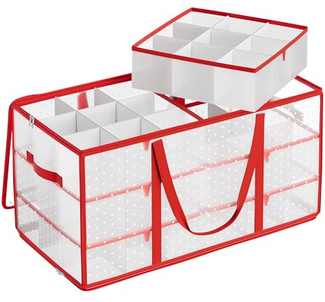 SONGMICS Large Christmas Decoration Storage Box, 10.2 cm 54 Slots, Plastic Christmas Bauble Storage Box with Lid, Dual Zippers, 6 Trays, Side Handles, Cherry Red RFB030T01