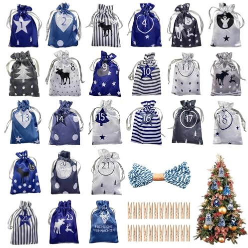 Christmas Advent Calendar Bags, 24 Days Countdown Burlap bags Hanging Advent Calendar Gift Favors for Xmas Decorations (Blue)