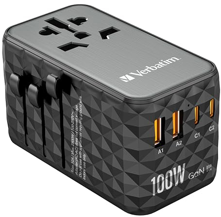 Verbatim GaN Universal Reiseadapter UTA‑05 65 W, Steckdosenadapter mit 2 USB‑A und 2 USB-C Anschlüssen, Schnellladegerät für Laptop, MacBook, iPhone 17, Reisestecker weltweit einsetzbar, 100-250 V