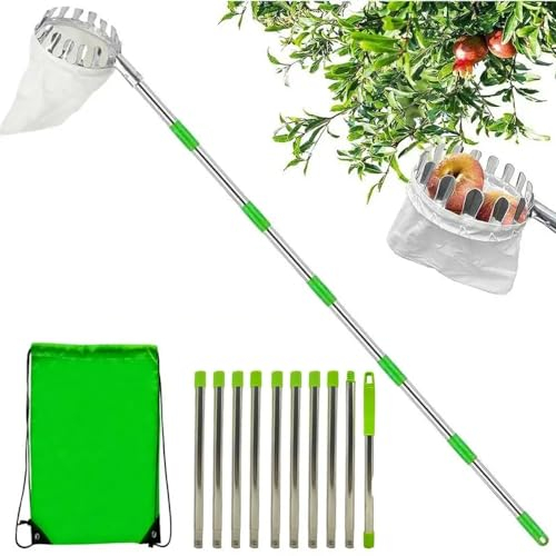 Cueille Fruit Telescopique,Cueille Fruit,Cueilleur de Fruits Amovible,4.2m Ramasse Fruit de INOX,avec Manche Télescopique Léger en Acier Inoxydable pour Fruits Pomme Orange, Peu Encombrante