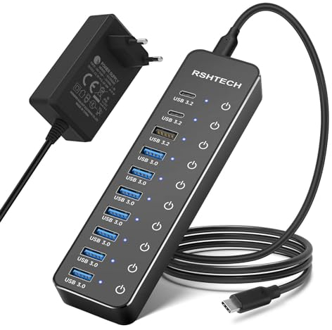 Hub USB Alimentato, RSHTECH Hub USB 3.2/USB C a 10 Porte con Porte Dati USB-A 3.2 e 2x USB-C 3.2 10Gbps, 7 Porte USB-A 3.0 e Alimentazione 12V/5A 60W, Interruttori Individuali USB HUB, RSH-ST10C
