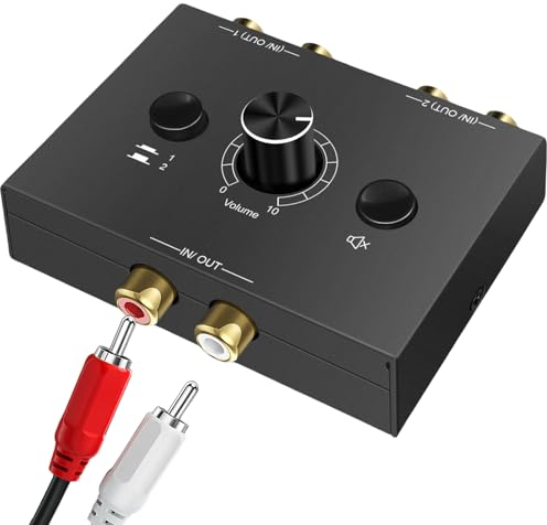 RCA Cinch Stereo Audio Switch 2(1)-IN-1(2)-Out, R/L Stereo Audio Switcher mit Volume Control, Bidirektional Aux Sound Selector Schalter Splitter Box für CD Player Computer Lautsprecher