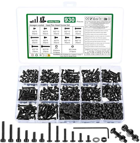 930 Pcs M3 Tornillos y Tuercas y Arandelas Set, tornillos de Cabeza Hueca Hexagonal +Tornillo de Cabeza Redonda Botón hexagonal, Tornillería tornillo Pernos Cilíndricos con Casquillo hexagona
