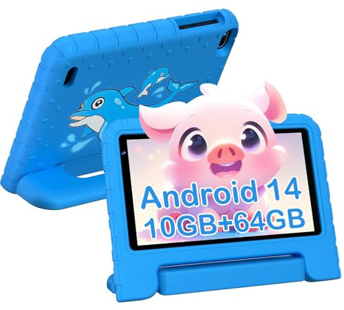 Biegedy Tablette pour 7 Pouces Android Tablette Enfants avec 10GB+64GB(TF 1TB),Kids Tablette Tactile Octa-Core,Éducative Apps Pré-Installé,Contrôle Parental, WiFi 6, BT5.0,Cas EVA - Bleu