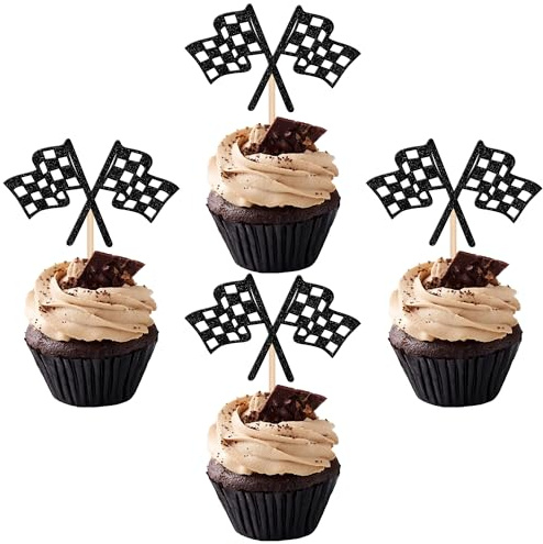 24 PCS Checkered Racing Flag Cupcake Toppers Black Glitter Race Car Finish Line Checkered Flag Cupcake Picks for Race Car Flags Theme Baby Shower Birthday Party Cupcake Decorations Supplies