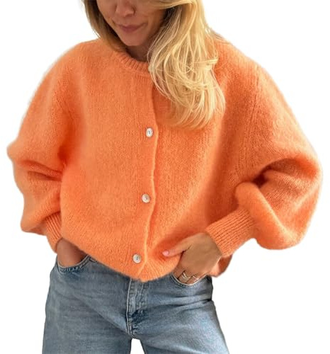 Geagodelia Women's Cropped Cardigan Long Sleeve Sweater Jumper Ladies Knitted Jacket Y2K Fashion Button Down Crochet Top Streetwear Autumn Spring (Orange, S)
