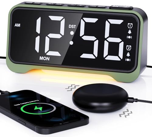 ROCAM Vibrating Alarm Clock for Heavy Sleepers with Powerful Bed Shaker, Loud Alarm Clock Bedsides for Deaf People, 5 Dimmer, 5 Volumes, Snooze, Power-Off Memory, 12/24H, Week Display, Night Light