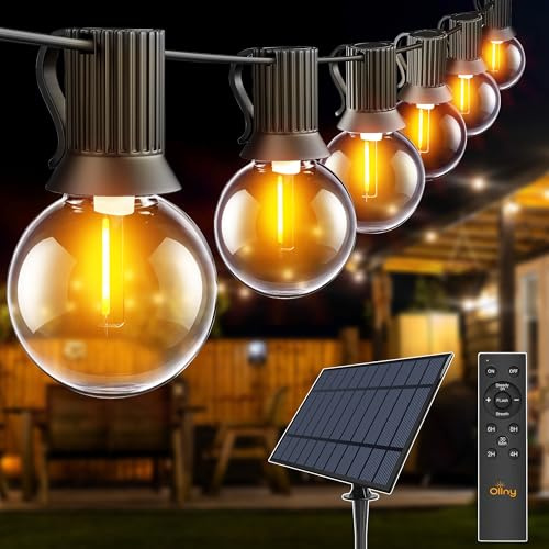 Ollny Catena Luminosa Esterno Solare 20 M con 30 + 2 Lampadine LED G40 per esterni con telecomando, 3 modalità di illuminazione e funzione timer, IP65 impermeabile, per Giardino Matrimonio Feste