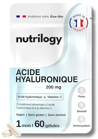 Acide Hyaluronique | Peau Repulpée & Hydratation Intense | Anti-Âge Naturel avec Vitamine C | 1 Mois - 60 Gélules | Complément Alimentaire Vegan, Sans Gluten & Fabriqué en France | NUTRILOGY