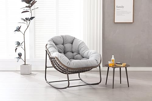 MURUL Mecedora de patio de mimbre de gran tamaño y forma de huevo. Una cómoda mecedora para interior y exterior con cojín grueso. Un sillón moderno adecuado para balcón (gris)