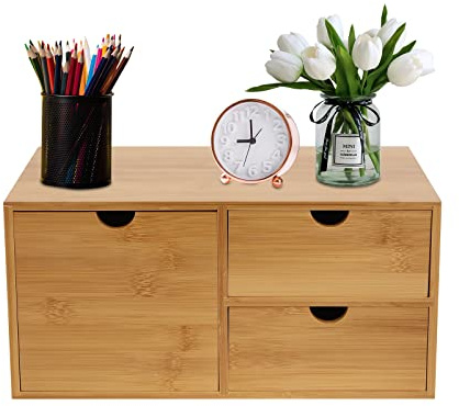 Donened - Schreibtisch-Organizer aus Bambus mit Schubladen, Schubladenbox Bambus, Mini Kommode, Holz Organizer für Zuhause, Büro, Küche, Bad (3 Schubladen)