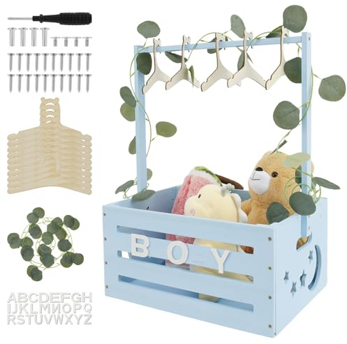 Babypresentkorg med handtag, babykorg 40 x 30 x 20 cm med 26 x träbokstäver, 1 x eukalyptuskrans, babylåda, trä, bra present till vänner under helgdagar (himmelsblå)