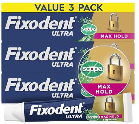 Fixodent Ultra Max Hold Plus Scope Secure Denture Adhesive, 1.8oz, 3 Pack
