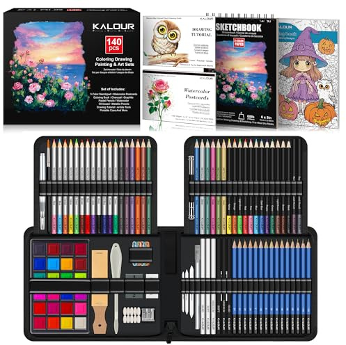 KALOUR Kit de dessin 140 pièces - Fournitures artistiques avec carnet de croquis 3 couleurs et papier de coloriage - Tutoriel - Coloré - Graphite, fusain, aquarelle et crayons métalliques - Pour