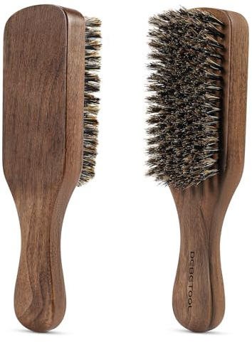 DEBETOOL Natural Walnut Wood Mens Hair Brush - Stiff Boar Bristle Men's Hair Brush for Thin Hair Detangling, Beard Straightens