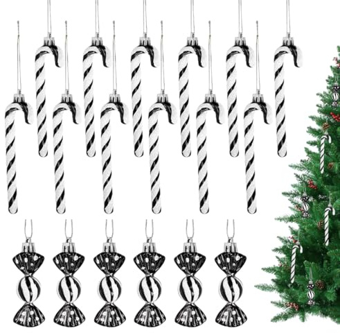 Augesak 18 stycken polkagrisar, julgran dekoration, svart och vit, julgransprydnad, glitter, julhänge
