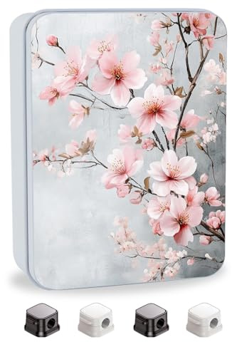VACGBJPG Metal Tin Box with Lid,Multi-functional Storage Large Box Can Store Tea Biscuits Game Cards, Playing & Tarot Cards-Comes with 4 Magnetic Cord Clips,Pink Cherry Blossom Print