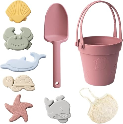 Giocattoli Da Spiaggia Per Bambini, 8Pcs Morbido Silicone Giochi Spiaggia Bambin, Set Di Giocattoli Per La Sabbia Con Stampi Di Sabbia, Secchi, Pale E Borsa Di Stoffa, Per Bambini Ragazzi Ragazze
