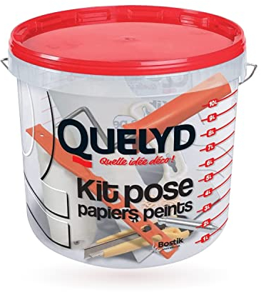Quelyd Kit Pose Papiers Peints – 1 Seau Gradué 10 L + 5 Accessoires : 1 Mélangeur, 1 Fil à Plomb Type Crayon, 1 Rouleau Complet, 1 Spatule à Maroufler, 1 Cutter – Avec Brochure Explicative