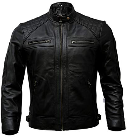 Mens Genuine Leather Biker Jacket Black | Vintage Brown Distressed Lambskin Motorcycle Jackets for Men (Black, Large)