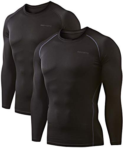 DEVOPS 2 Pack Men's Thermal Long Sleeve Compression Shirts Fleece Lined Undershirt Base Layer Tops (X-Large, Black/Black)