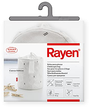 Rayen | Borsa per Morsetti | Impermeabile e Resistente Gamma Premium | capacità di 150 mollette | Ha Una Corda e Un Velcro per Fissare la Chiusura Dimensioni 18 x 15 cm, Bianco