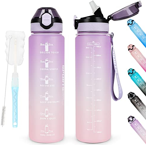 AOHAN Bouteille d'eau de 1 L sans BPA avec paille, passe au lave-vaisselle, couvercle anti-fuite, bouteille d'eau motivante avec marquages de temps, non toxique