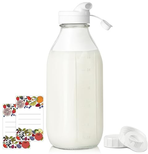 Syntic Square Liter Glass Milk Bottles with Airtight Lid - 100% Leak-Proof Heavy Duty Screw Cap, 32 Oz Glass Juice Bottles w Scale Mark, Reusable Jugs Pitcher for Homemade Juice(Extra 1 Lid and Pen)