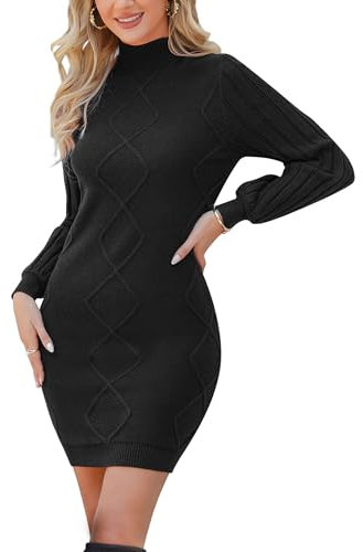 Gyabnw Jumper Dress for Women Winter High Crew Neck Sweater Dress Knitted Bodycon Dress Ladies Balloon Sleeve Elegant Knitwear Pullover Casual Dress B-Black