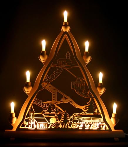 Schwibbogen Spitze Fichtelberg & Schwebebahn in Oberwiesenthal - 54cm, 7 Kerzen + Vorbeleuchtung - Feine Handarbeit aus dem Erzgebirge - Weihnachten erzgebirgischer Lichterbogen