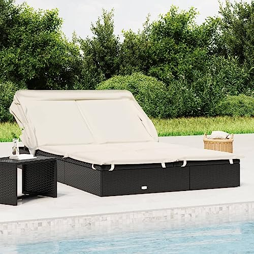 Homgoday Sonnenliege mit Dach Doppelliege Gartenliege Sonnenliege Relaxliege Strandliege Balkonliege Freizeitliege Verstellbare Rückenlehne für Garten BalkonSchwarz und Weiß 213x118x97 Poly Rattan