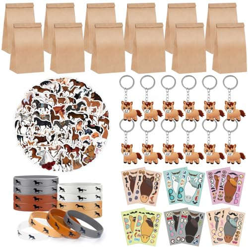 Bomboniere a Cavallo Party Favors - Kit Festa Compleanno Tema Cowboy Cowgirl Con Braccialetti in Silicone, Portachiavi, DIY Adesivi, Sacchetti Regalo (108 Pcs)