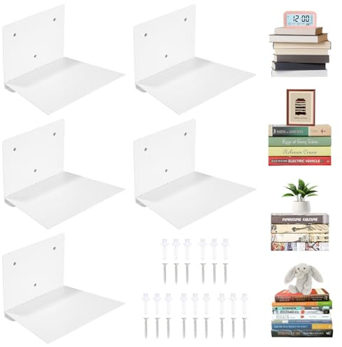 Ixydor 5 Piezas Estantes de Pared para Libros,Baldas Flotantes Pared Blancas, Estanteria Libros Invisible Colgantes Invisibles, para Decoración de Dormitorios, Salón, Oficina