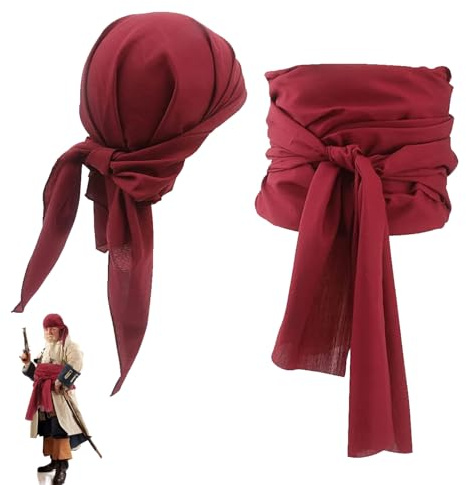 Foulard de pirate pour femme - Foulard rouge et noir - Accessoires de costume de pirate - Ensemble d'accessoires de bandana pour homme - Bandeau de pirate Jack Captain - Costume de carnaval pour