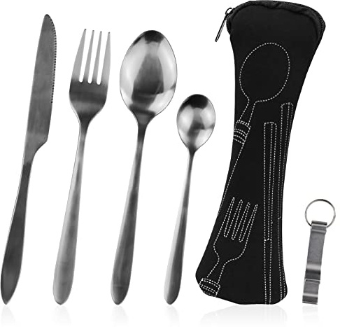 5-delat campingbestick-set, bärbart bestickset, rostfritt stål bestick med neoprenväska, perfekt för resor, kontor och camping (svart)