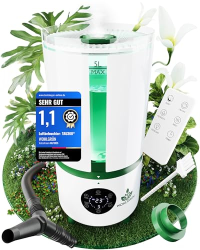 WOHLGRÜN TAU360 5L Top-Fill Luftbefeuchter für Pflanzen, leise <35 dB(A) fürs Schlafzimmer, Smart Hygrostat, 360° Düse + Schlauchaufsatz, Nachtlicht, Aroma-Fach