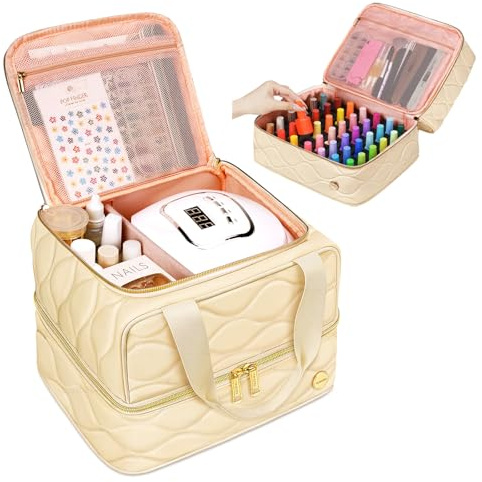 YOREPEK Nail Polish Organizer Case Holds 42+ Bottles (15ml/0.5 fl.oz), 2-Layer Nail Kit Bag with Compartments for Nail Supplies, UV Lamp, Nail Tech Organizers and Storage for Manicure Tools, Beige