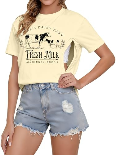 Women's Nursing Shirts for Breastfeeding Zipper Short Sleeves Mama Shirt Causal Maternity Nursing Graphic Tees Tops, Apricot, M