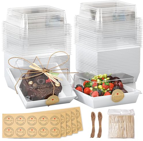 EffiQ-Rate 50 st Tårtbitlådor för Tårtportioner, 13,5x12,5x6,5 cm Genomskinlig Tårtlåda med Lock och Llistermärken, Vit Charklåda med Gafflar för Cheesecakes, Muffins, Kakor och Smörgåsar