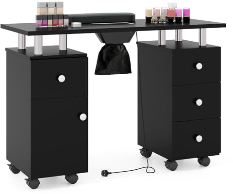 Multigot Professional Manicure Table, Mobile Nail Desk with Electric Dust Collector, 3 Dust Bags, Wrist Rest, Cabinet, 4 Drawers & 8 Lockable Wheels, Nail Art Workstation for Spa Salon (Black)
