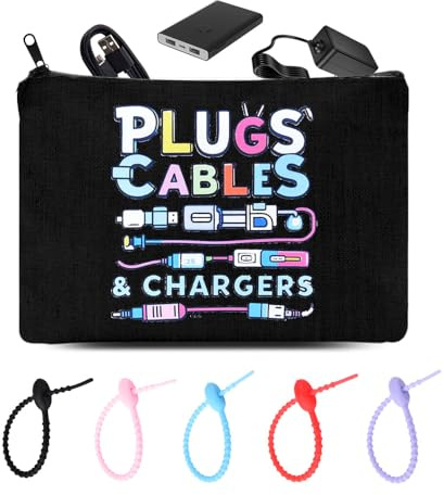 Plugs Cables Chargers Storage Bag Black Tech Accessory Organiser Pouch with 5 Cable Ties Birthday Christmas Gifts for Friends Daughter Son Travel Cable Organiser Wraps 5 Pcs
