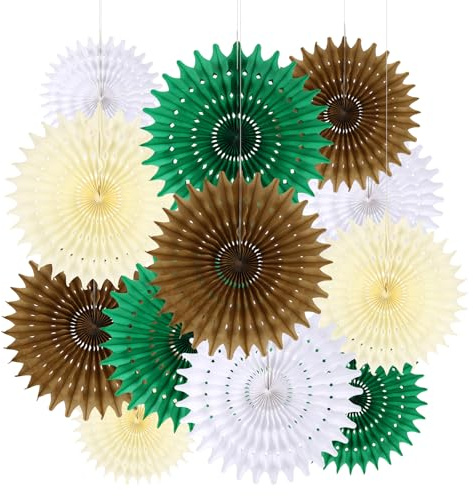 BestoFun Juego de 12 abanicos de papel para decoración navideña, marrón, beige, pompones, flores verdes, guirnalda de flores colgantes, color blanco, abanicos de papel, decoración de Navidad para