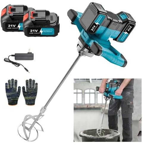 Concrete Cement Mixer, 3200W Cordless Paint Mortar Mixer, Handheld Paddle Mixer with 2 x 3.0Ah Batteries& 6 Adjustable Speeds, 65Nm Torque, M14 Thread,Industrial Mixer for Paint Plaster Cement Mortar