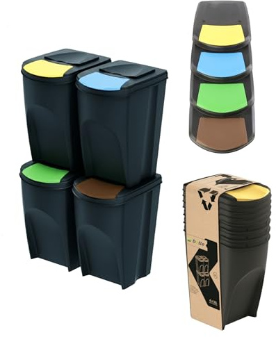botle Juego de 4 cubos de basura con sistema de separación de basura, juego de 4 cubos de basura de 35 l en color negro para apilar, cubos de basura orgánicos compactos, modulares y ligeros, fáciles