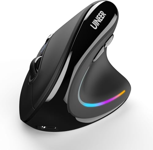 Uineer Wireless Ergonomic Mouse, [Upgraded] Rechargeable Vertical Bluetooth /2.4G Optical Mouse with Side Scroll, 7 Color LED, Quiet Clicks, 3 Multi-Device Connectivity for Computer, PC, Mac, Laptop