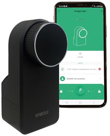 Arregui SPIN – Cerradura Electrónica Inteligente con Apertura vía App, Mando y Keypad | Control desde Smartphone | Control Remoto con Bridge (no incluido) | Instalación sin Perforar