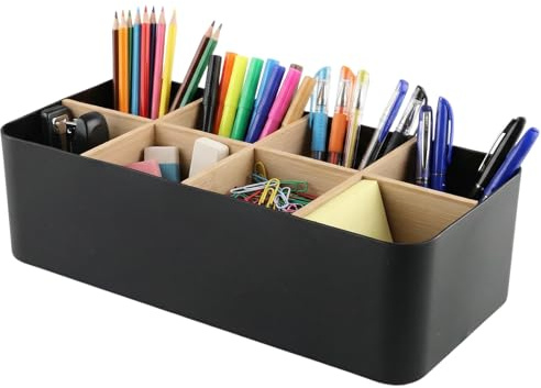 Astralong Organizer da Tavolo in Bambù, Portapenne con 8 Scomparti, Scatola Organizer da Scrivania, Supporto per Telecomando TV in Legno, Portaspazzolino con Divisori per Cosmetici, Penne (Nero)